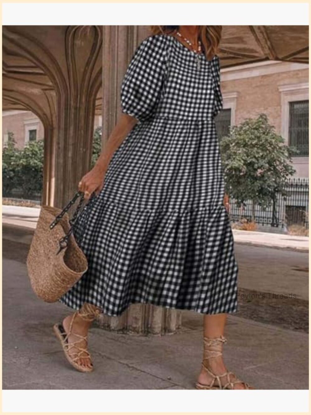 Loose Fit Plaid Long Dress with Lantern Sleeves Casual Swing Dress - Picture 3 of 5